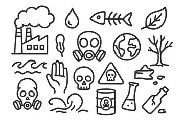 Environmental Pollution Doodles. Hand-drawn doodle illustration Environmental contamination factory, smoke cloud, water droplet, fish skeleton, dead tree, gas