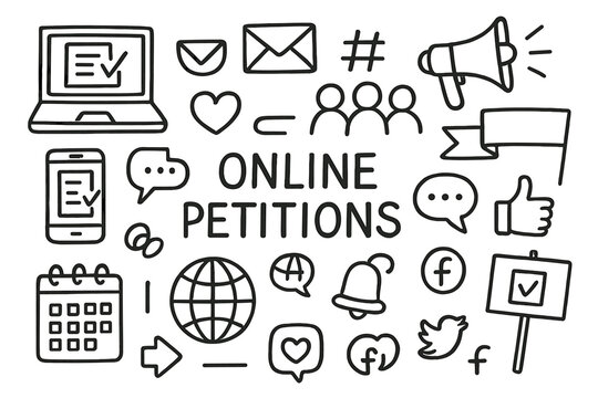 Digital Activism Icons. Hand-drawn doodle illustration [Online petitions] [laptop, smartphone, envelope, megaphone, hashtag, people silhouettes, banner, heart