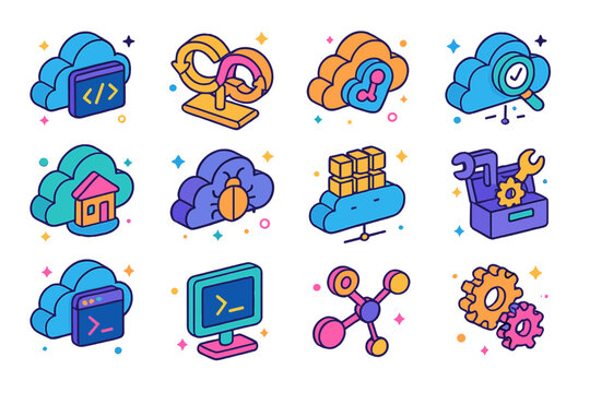 Colorful Cloud Tools Icons. Colorful isometric vector icons set of cloud development tools: code editor in cloud, CI/CD pipeline, version control cloud, cloud