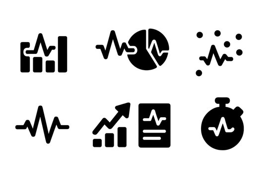 Heartbeat Data Icons. Solid, filled icon set of heartbeat data visualization: bar chart, line graph, pie chart, scatter plot, heartbeat waveform, trend arrow,