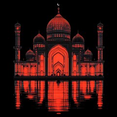 Fiery mosque reflected in crimson water