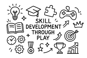 Learning Through Play Icons. Hand-drawn doodle illustration Skill development through play light bulb, puzzle piece, joystick, book, graduation cap, star,