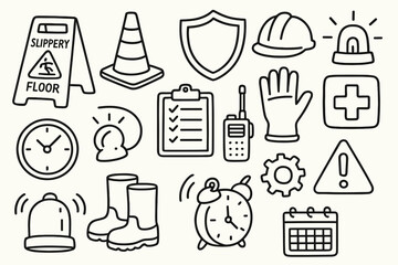 Fototapeta premium Workplace Safety Icons. Hand-drawn doodle illustration [accident prevention at work] [slippery floor sign, cone, shield, helmet, warning light, first aid