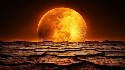 Fiery moon over cracked landscape