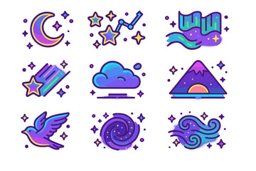Naklejka premium Neon Night Sky Icons. Colorful isometric vector icons set of neon-lit night skies in nature: glowing crescent moon, neon stars, radiant
