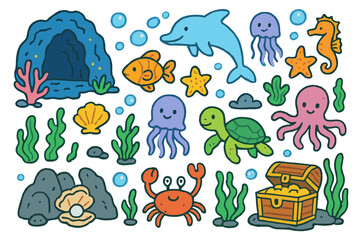 Underwater Adventure Doodles. Colorful Hand-drawn doodle Children illustration Underwater Caves coral, seashell, fish, starfish, seaweed, bubbles, dolphin,