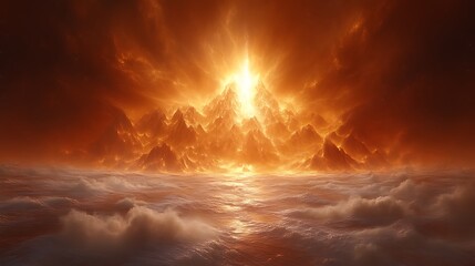 Fiery mountain peaks pierce a fiery sky