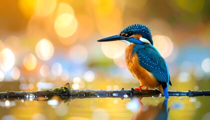 Kingfisher perched on branch over water, golden light