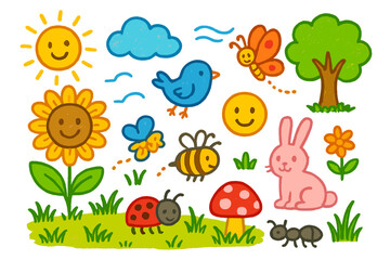 Fototapeta premium Sunny Field Doodle. Colorful Hand-drawn doodle Children illustration Sunny field sunflower, grass, bird, butterfly, bee, flower, cloud, sun, tree, mushroom,
