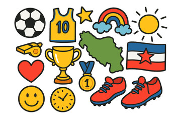 Obraz premium Yugoslav Sports Doodle. Colorful Hand-drawn doodle Children illustration Yugoslav Sports [soccer ball, basketball, jersey, whistle, trophy, star, rainbow, sun,