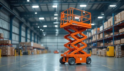 Orange scissor lift equipment for industrial construction work. Mobile platform machine with hydraulic lift system, elevated work at height. Safety equipment for repair, service tasks in warehouse.