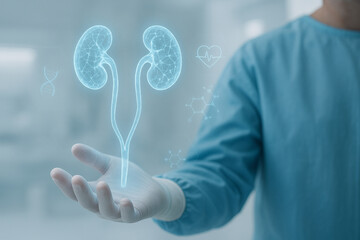 AI generated futuristic holographic ureter glowing in doctors hand with sci fi medical visualization clean background and digital health icons for future healthcare concept