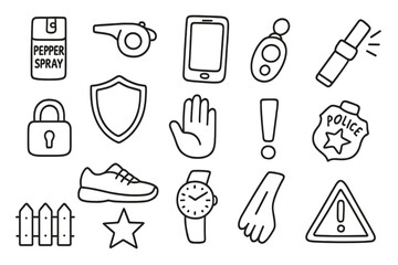 Fototapeta premium Personal Safety Icons. Hand-drawn doodle illustration personal safety pepper spray, whistle, phone, keychain alarm, flashlight, shield, lock, running shoes,
