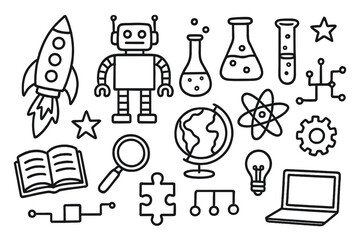 Science Fair Doodles. Hand-drawn doodle illustration Fun science fair rocket, robot, flask, beaker, test tube, magnifying glass, book, globe, atom, puzzle