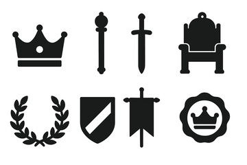 Medieval Kingship Icons. Solid, filled icon set of medieval kingship symbols: crown, scepter, sword of state, throne, laurel wreath, coat of arms, banner,