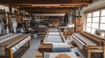 Interior of a traditional weaving workshop, showcasing looms and handcrafted textile materials, a