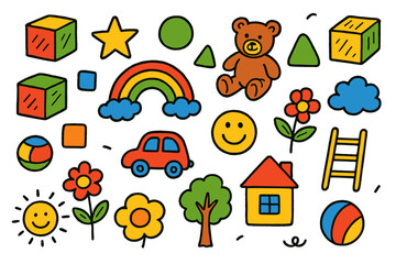 Fototapeta premium Colorful Kids' Doodle. Colorful Hand-drawn doodle Children illustration Wooden Blocks wooden cubes, star, circle, triangle, rainbow, toy car, teddy bear,
