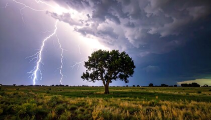 Dramatic lightning storm over a lone tree in a field