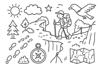Cliffside Hiking Adventure. Hand-drawn doodle illustration Cliff hiking trail [cliff, pathway, footsteps, hiker, backpack, walking stick, rope, compass, map,