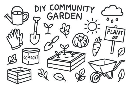 DIY Garden Doodles. Hand-drawn doodle illustration [DIY community garden] [watering can, spade, seedling, compost bin, trowel, raised bed, gloves, crate,