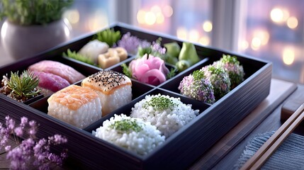 Japanese Bento Box with Assorted Sushi Rolls and Garnishes in Wooden Box on Table with Bokeh Background