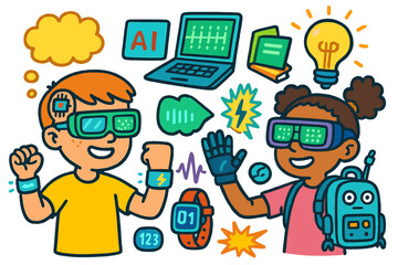 Futuristic Tech-Savvy Kids. Colorful Hand-drawn doodle Children illustration Smart kids with implants brain chip, tech glasses, glowing wristband, AI notebook,