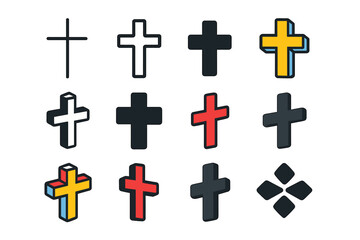 Cross Logo Variations. Set Logo of Cross Symbol: Latin cross. Logo set in vector style, emblematic variations. line, bold thick line, solid black filled, solid