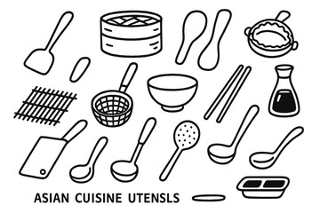 Asian Cuisine Utensils. Hand-drawn doodle illustration [Asian cuisine utensils] [wok spatula, bamboo steamer, rice paddle, dumpling press, sushi mat, noodle