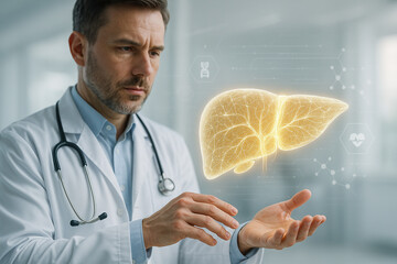 AI generated digital art showing a doctor analyzing glowing holographic liver in futuristic medical environment with advanced healthcare and innovation theme