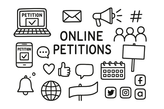 Digital Activism Icons. Hand-drawn doodle illustration [Online petitions] [laptop, smartphone, envelope, megaphone, hashtag, people silhouettes, banner, heart