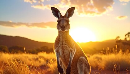 Kangaroo Portrait at Golden Hour in Australian Outback with Lush Grasslands and Mountain Silhouette Under Dramatic Sunset