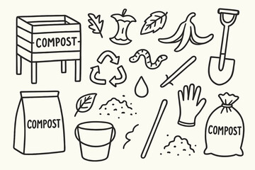 Composting Essentials Doodle. Hand-drawn doodle illustration Composting compost bin, food scraps, leaves, worms, apple core, banana peel, shovel, bucket,