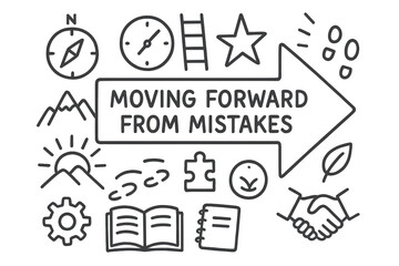 Fototapeta premium Path to Success. Hand-drawn doodle illustration Moving forward from mistakes arrow, compass, clock, ladder, star, mountain, sunrise, footprints, gear, open