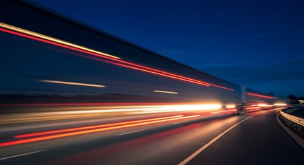 Obraz premium Industrial truck driving along a highway at night with glowing headlights, motion blur for speed effect 