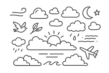 Cloudy Sunset Doodle. Hand-drawn doodle illustration Cloudy sunset sky [cloud shapes, sun peeking, breeze marks, bird, tree branch, moon, raindrop, fog line,