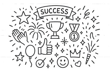 Success Doodle Icons. Hand-drawn doodle illustration Success confetti [confetti burst, star, trophy, medal, ribbon, thumbs up, sparkles, smiley face, crown,