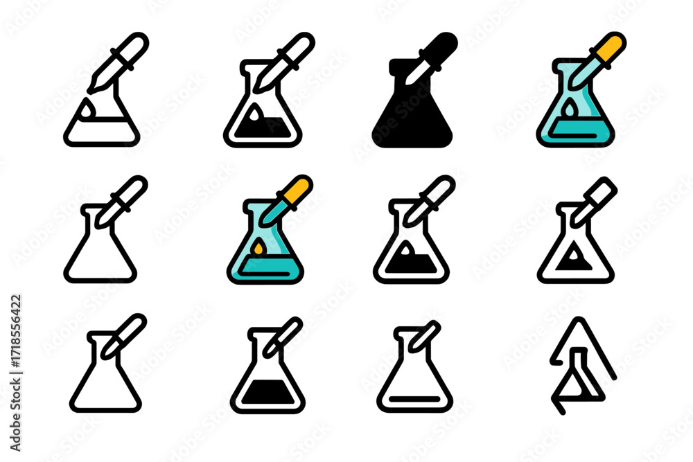 Poster flask logo variations. set logo of flasks: flask and pipette icon. logo set in vector style, emblema