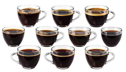 Twelve espresso cups filled with dark coffee, arranged in a cluster
