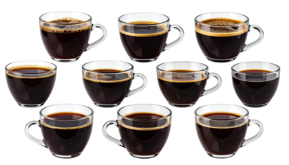 Twelve espresso cups filled with dark coffee, arranged in a cluster