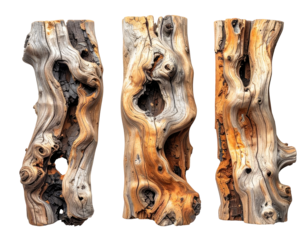 Three sculpted, gnarled wood pieces, vertically oriented, in a close-up, isolated image.  