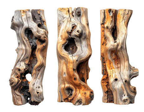 Three sculpted, gnarled wood pieces, vertically oriented, in a close-up, isolated image.  