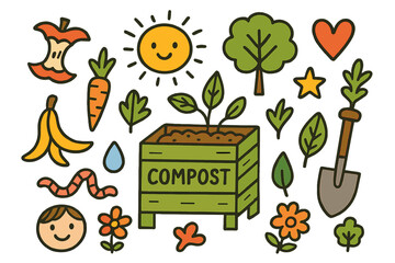 Fototapeta premium Colorful Composting Doodle. Colorful Hand-drawn doodle Children illustration composting compost bin, food scraps, apple core, banana peel, carrot top, leaf,
