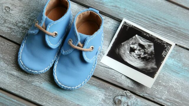Blue baby shoe and infant footwear beside ultrasound pregnancy symbol new life rustic wooden surface with blue shoe and wooden surface background