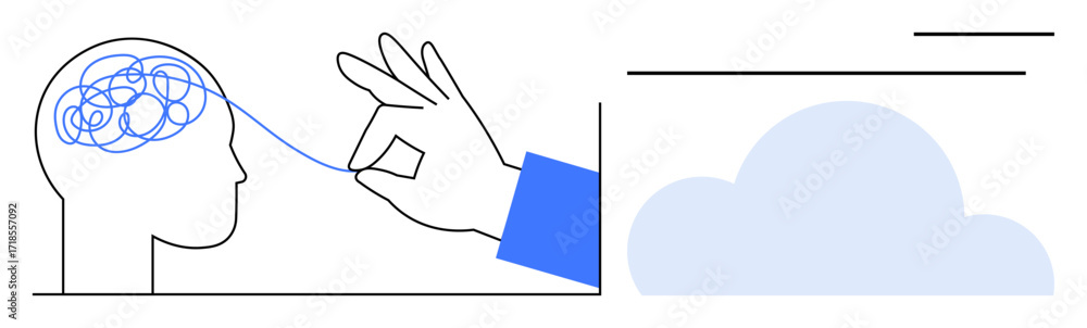 Poster hand untangling a chaotic mind with a thread, symbolizing problem-solving and mental clarity. ideal 