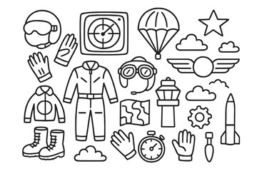 Pilot Gear Doodles. Hand-drawn doodle illustration Pilot gear pilot helmet, goggles, parachute, flight suit, boots, gloves, radar, wings, star, map, control