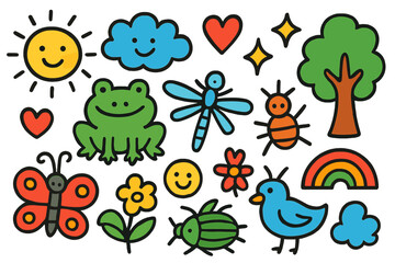 Fototapeta premium Colorful Doodle Wildlife. Colorful Hand-drawn doodle Children illustration Insects and Predators frog, dragonfly, spider, ant, butterfly, beetle, flower, tree,