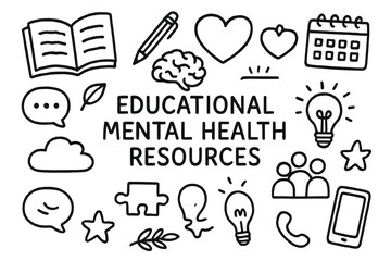 Fototapeta premium Educational Mental Health Doodles. Hand-drawn doodle illustration Educational mental health resources [open book, notebook, pen, brain, heart, calendar, clock,