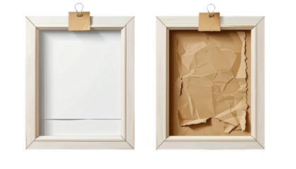 Two identical, light-colored wooden picture frames. One frame shows a blank, white canvas; the other a crumpled, tan paper insert.  Both have small brown paper tags attached with binder clips
