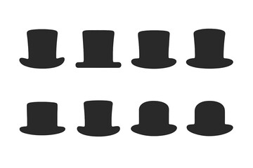 Top Hat Icon Set. Solid, filled icon set of top hat styles: curved brim, flat brim, narrow brim, wide brim, tall crown, short crown, tapered crown, rounded
