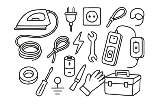 Iron Cord Tools. Hand-drawn doodle illustration [Electrical iron cord setup] [iron cord, plug, socket, wire coil, extension cord, cable tie, power switch,